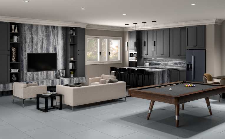 gray tile in finished guest suite basement with stunning marble fireplace